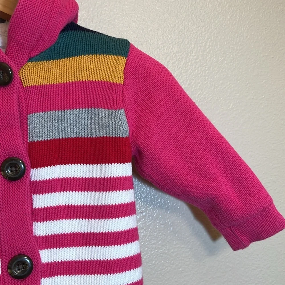 Hanna Andersson Pink Striped Fleece Lined Knit Button Sweater